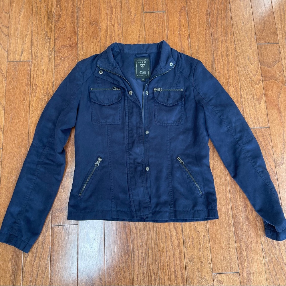 Guess Faux Suede Fitted Jacket Size Small Navy
